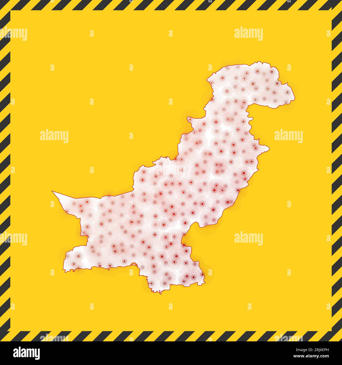 Pakistan chiuso - segnale di pericolo virus. Icona del paese di blocco. Bordo a strisce nere intorno alla mappa con concetto di diffusione del virus. Illustrazione vettoriale. Illustrazione Vettoriale