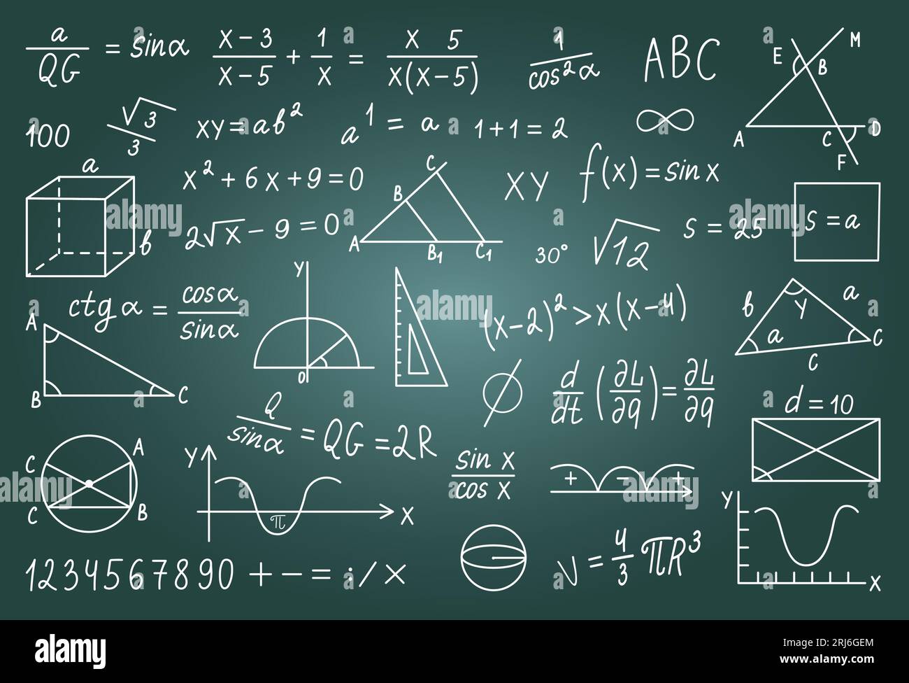 Cartelli matematici disegnati a mano sulla lavagna a gesso. Grafica e formula, doodle matematico, geometrico o fisico sulla lavagna, simboli vettoriali neoterici Illustrazione Vettoriale