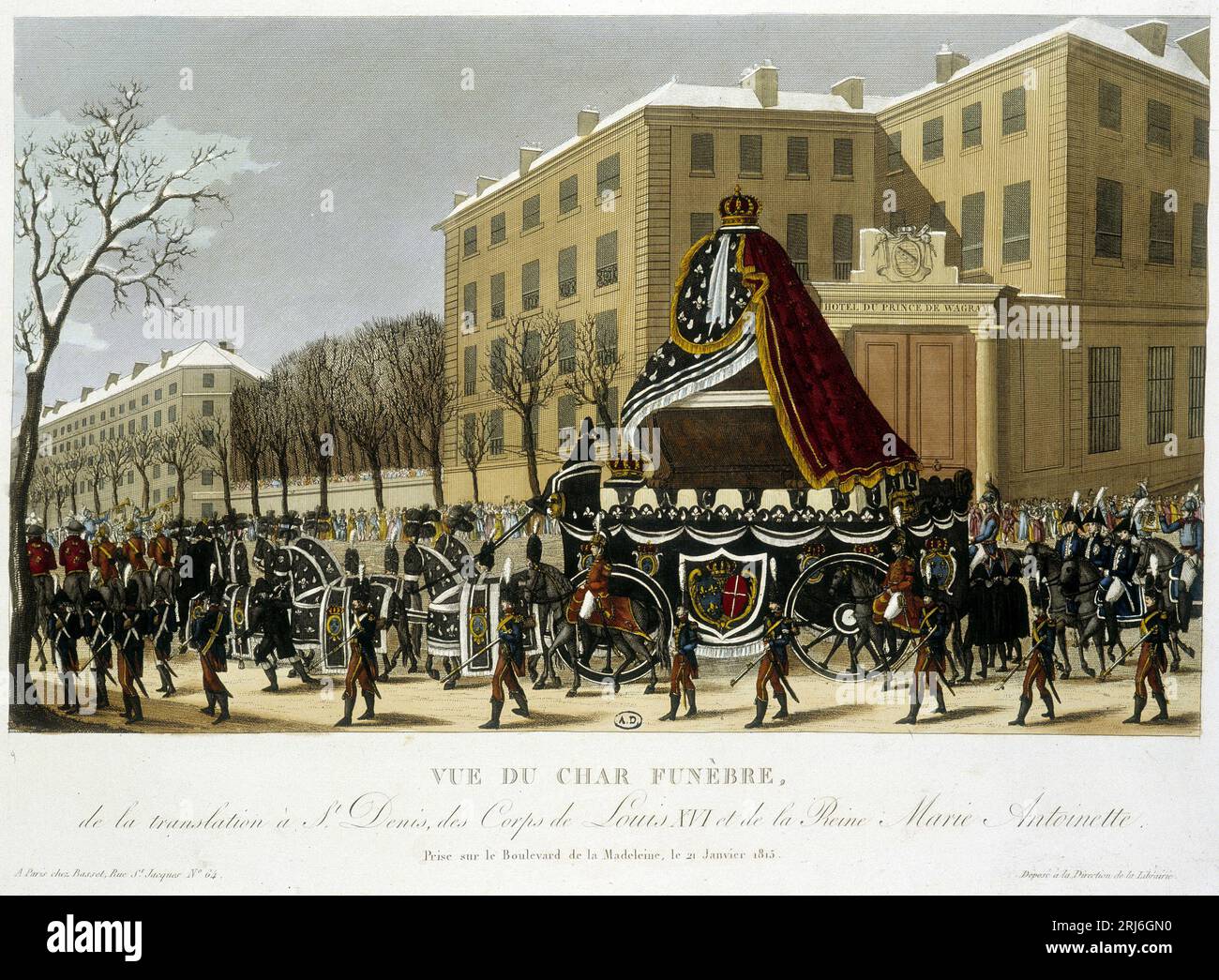 Char funebre de la Translation de Louis XVI et Marie Antoinette à Saint Denis le 21 janvier 1815 - in 'Vues de Paris' de Courvoisier, 1827 Foto Stock