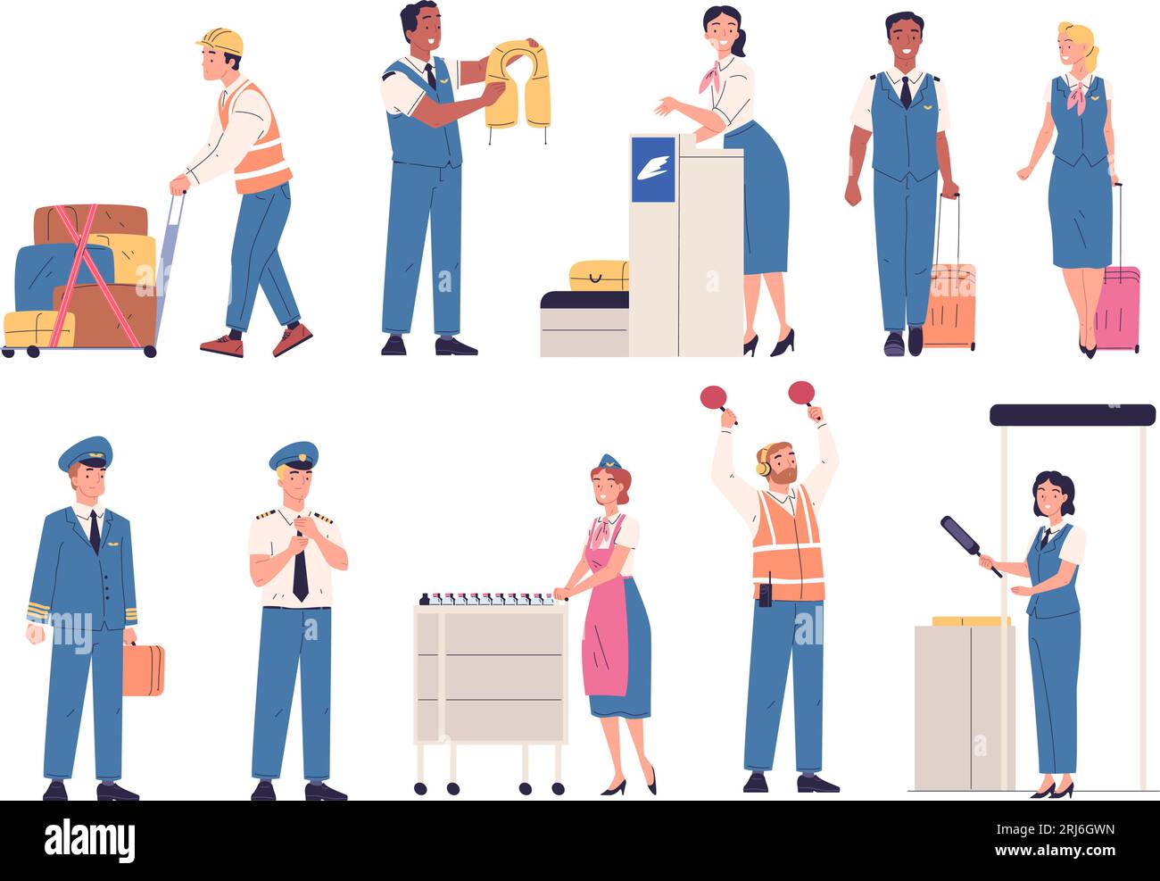 Personale dell'aeroporto. Equipaggio di aeromobili, addetto alla sicurezza in uniforme della compagnia aerea, bagaglio di persone, hostess con carrello e pilota di aeroplano, illustrazione vettore di classe del servizio di aviazione di lavoro dell'equipaggio dell'aeroporto Illustrazione Vettoriale