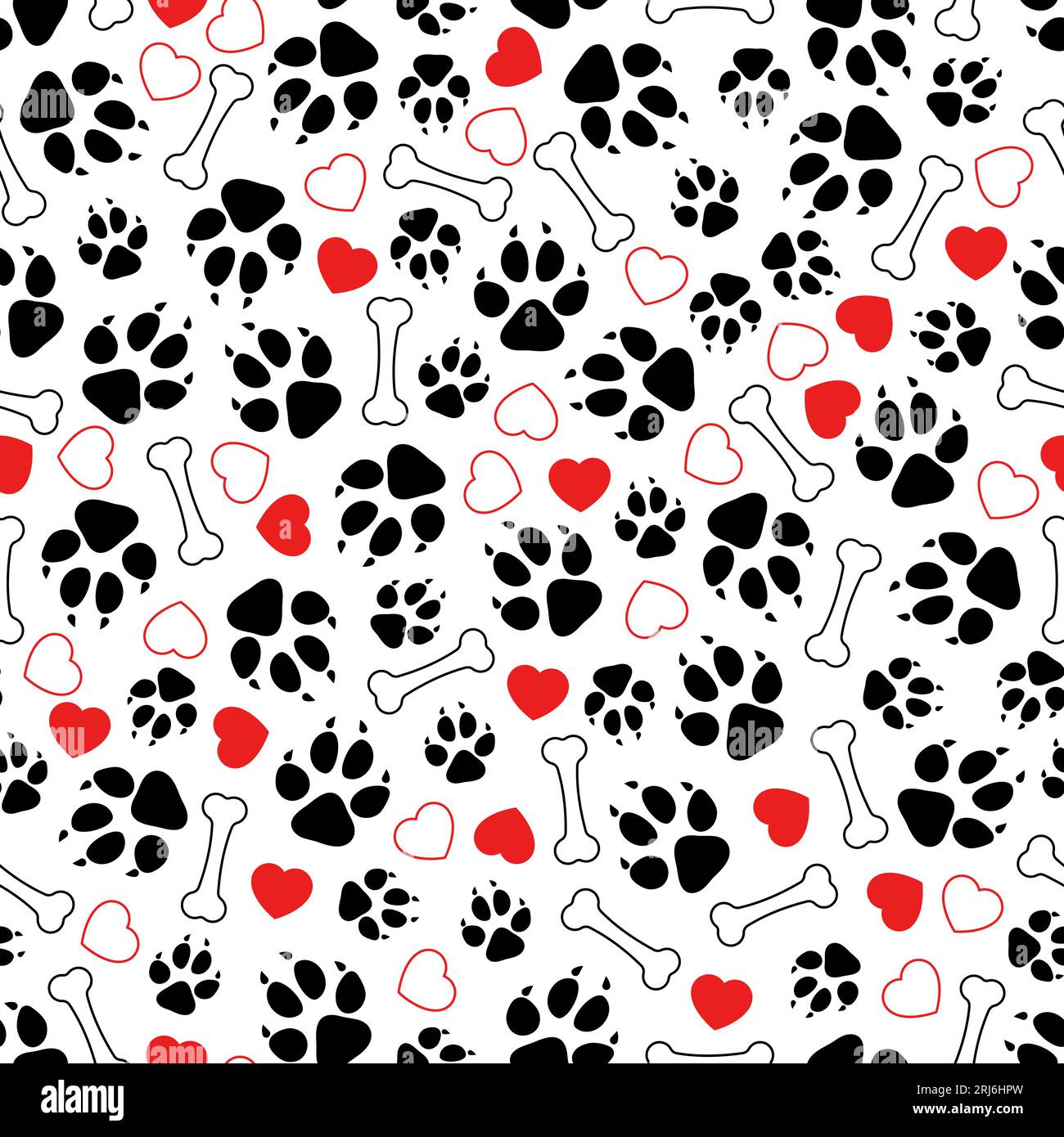 Impronte di cane motivo senza cuciture. Stampe di animali domestici, sfondo di cani o gattini. Cuccioli, cuori e tessuto osseo stampati con un modello vettoriale decente Illustrazione Vettoriale