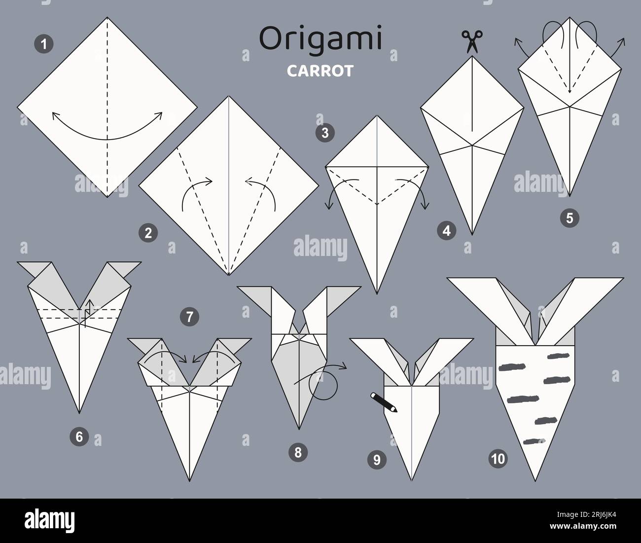 Tutorial Origami per bambini. Carota carota Origami. Illustrazione Vettoriale