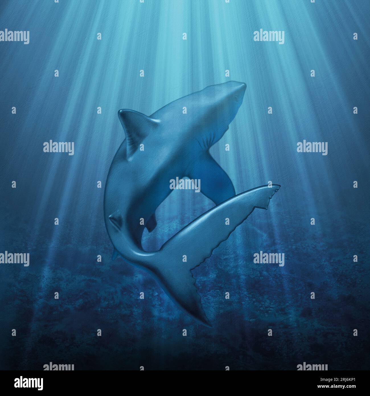 Nuoto con squali sott'acqua con fasci di luce Foto Stock