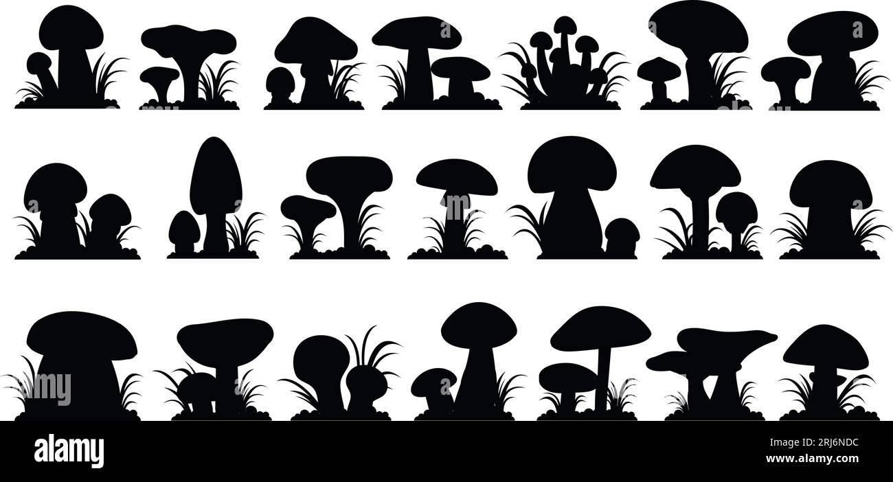 Sagome a funghi neri, icone di funghi in erba. Funghi forestali elementi grafici, adesivi decorativi. Cibo vegano biologico naturale, vettore decente Illustrazione Vettoriale