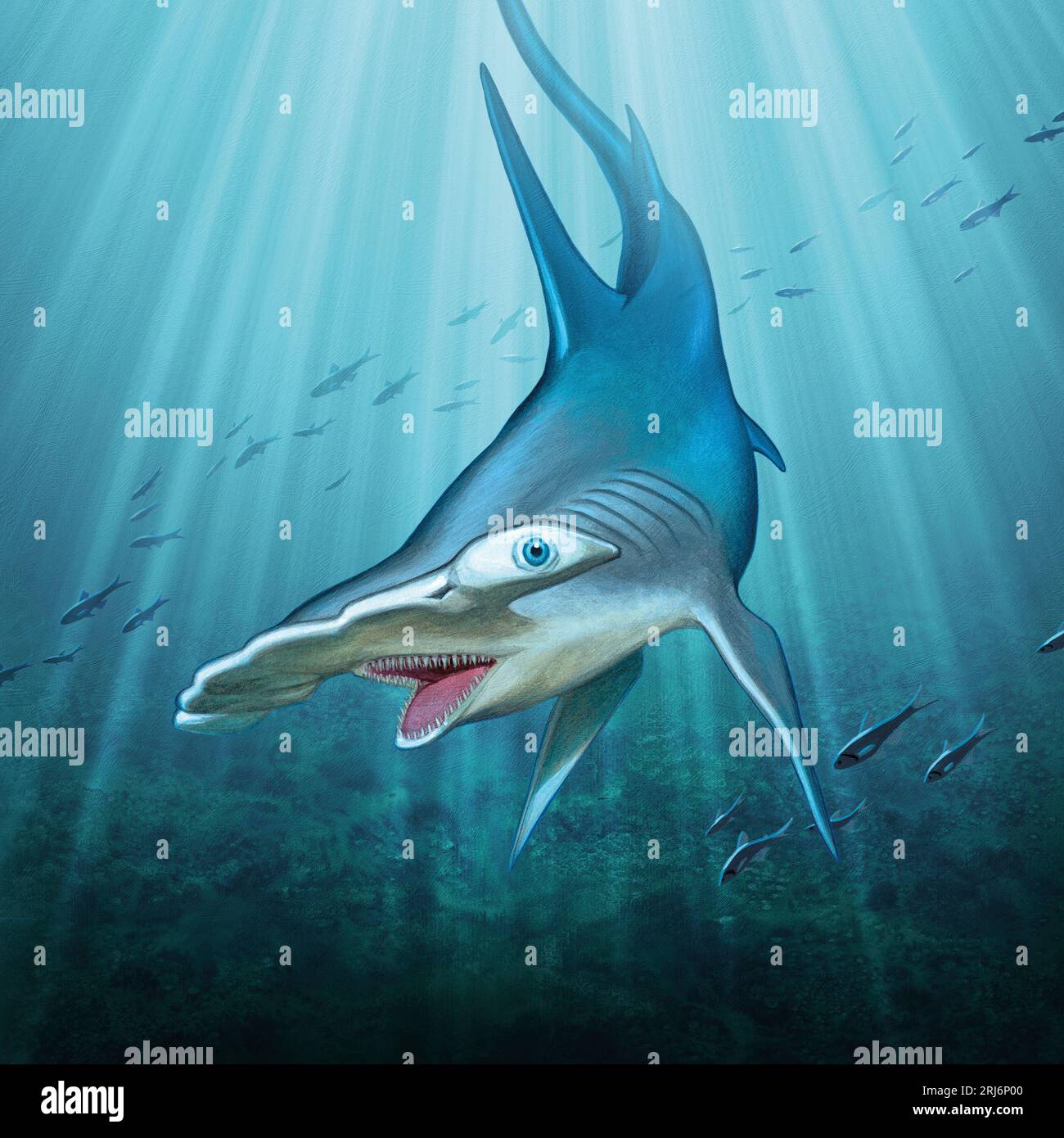 Illustrazione di uno squalo che nuotano sott'acqua con fasci di luce Foto Stock