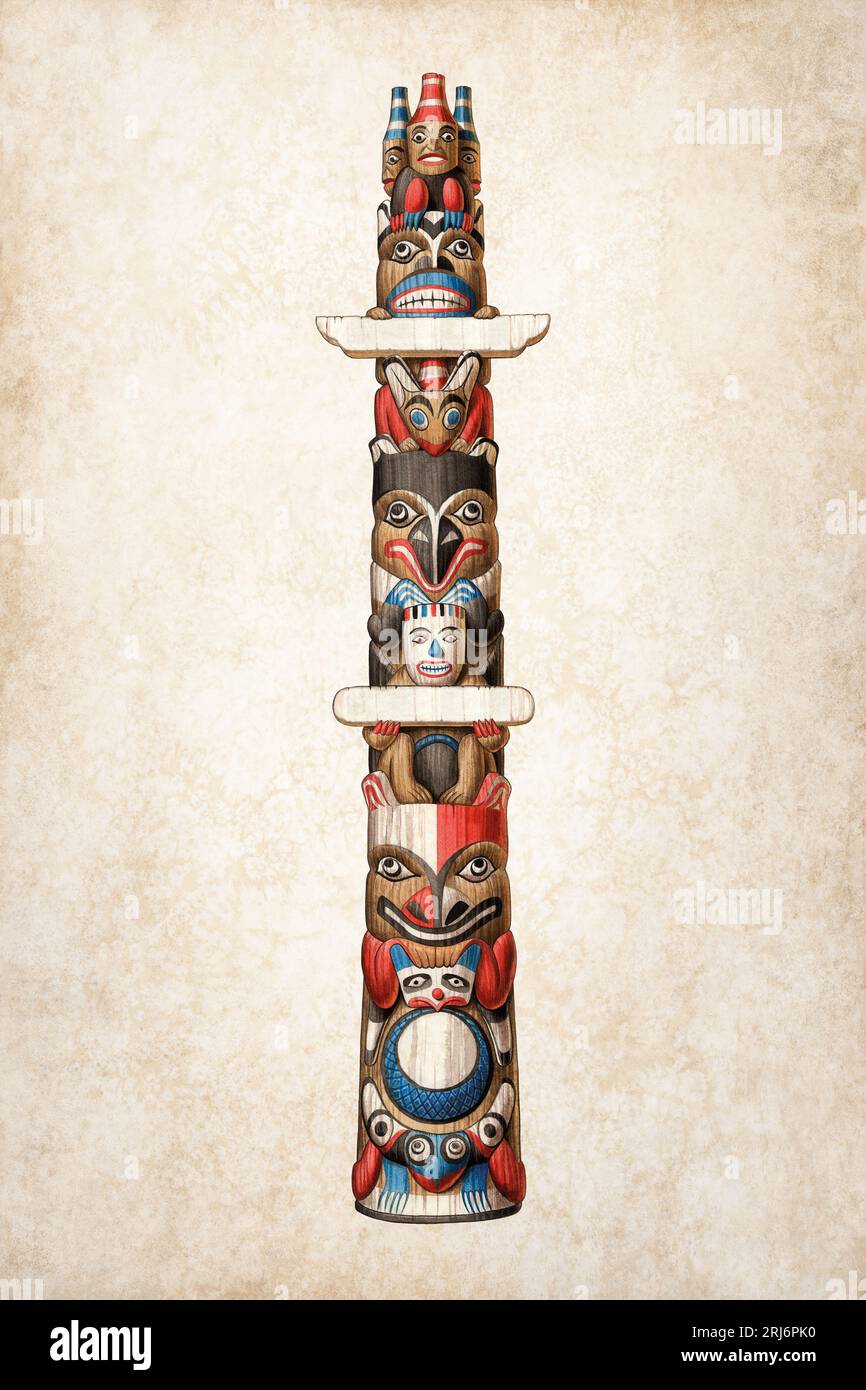 Acquerello Illustrazione di un totem Pole Foto Stock