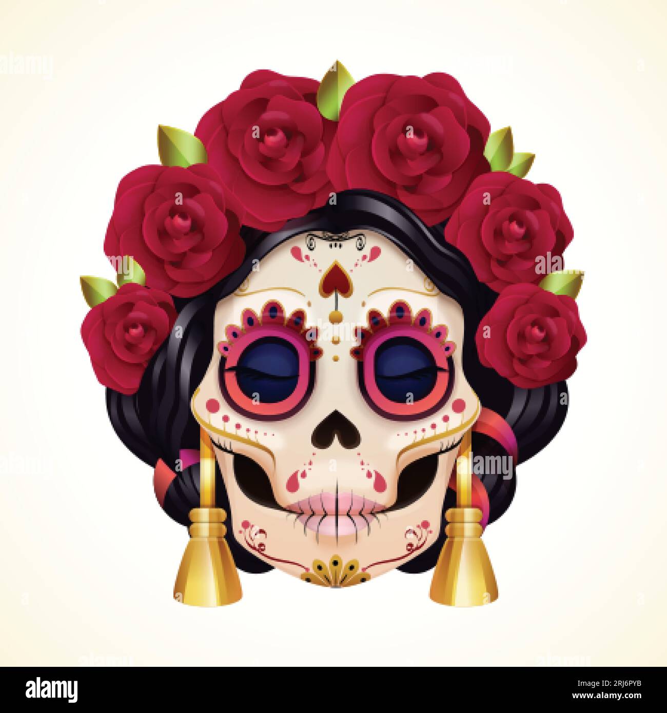 Teschio femminile messicano. 3d day dead catrina woman scheletro, dia de muertos face make up per halloween cele bration festival costume in stile teschi di zucchero, esatta illustrazione vettoriale di catrina woman Illustrazione Vettoriale