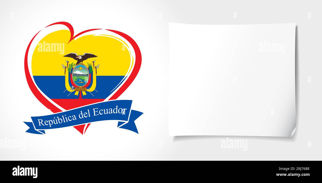 Modello di biglietto d'auguri ecuadoriano, design vuoto con foglio di carta vuoto. Concetto di invito con icona a forma di cuore. Benvenuto nell'idea del poster dell'Ecuador. Viaggi Illustrazione Vettoriale
