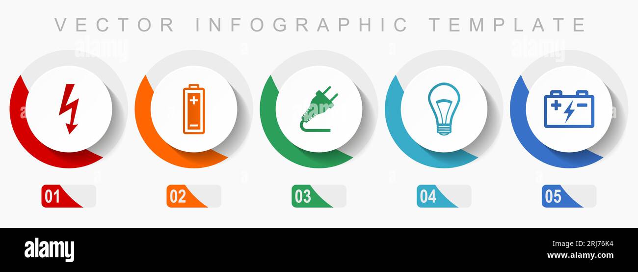 Set di icone di alimentazione ed energia, icone varie come bullone, batteria, spina e lampadina, modello infografico vettoriale con design piatto, pulsanti Web in 5 c Illustrazione Vettoriale