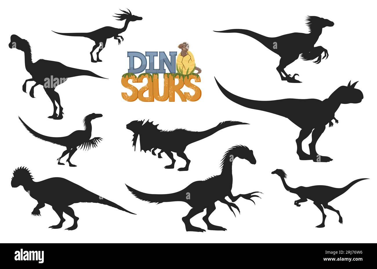 Personaggi dei dinosauri dei cartoni animati sagome di teropodi animali preistorici. Divertente baby dino con uovo, velociraptor, dilophosaurus e carnotaurus, ovira Illustrazione Vettoriale