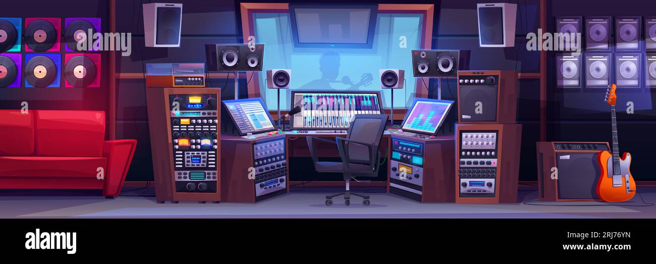 Interni dello studio di registrazione musicale con apparecchiature per la produzione del suono. Illustrazione vettoriale dei cartoni animati della sala produttori con cantante nello stand dietro vetro, mixer audio e altoparlanti. Mixaggio vocale professionale Illustrazione Vettoriale