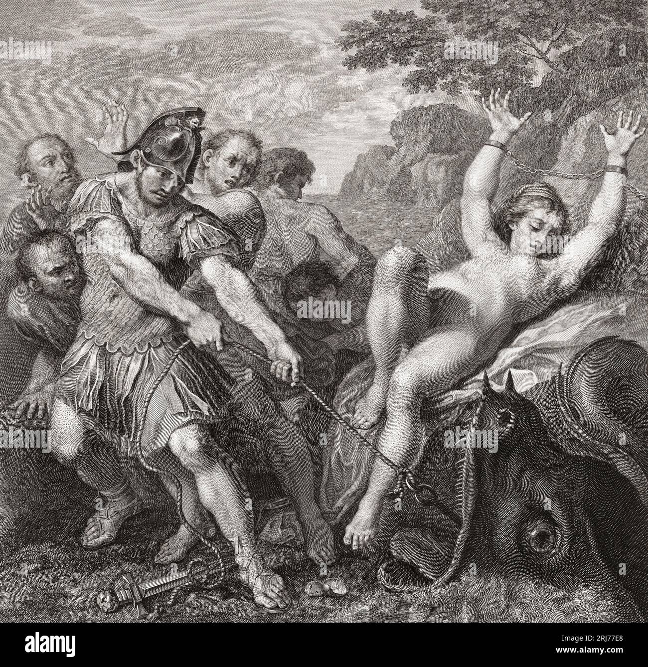 Orlando salva Olympia dal mostro marino. Un episodio dal poema epico Orlando Furioso di Ludovico Ariosto. Dopo una stampa di Francesco Bartolozzi dal dipinto di Ludovico Carracci. Foto Stock