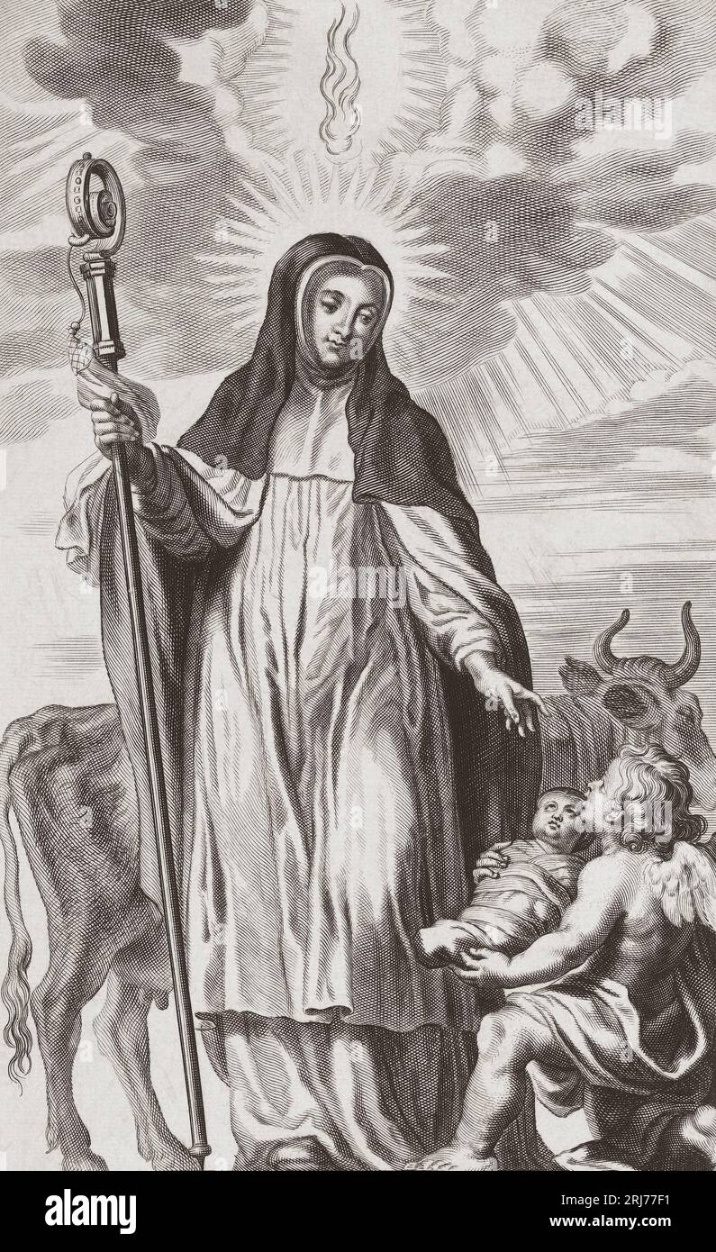 Santa Brigida di Kildare o Santa Brigida d'Irlanda, circa 451 - 525. Patrona santa d'Irlanda. Dopo un'impronta di Theodor Matham. Foto Stock