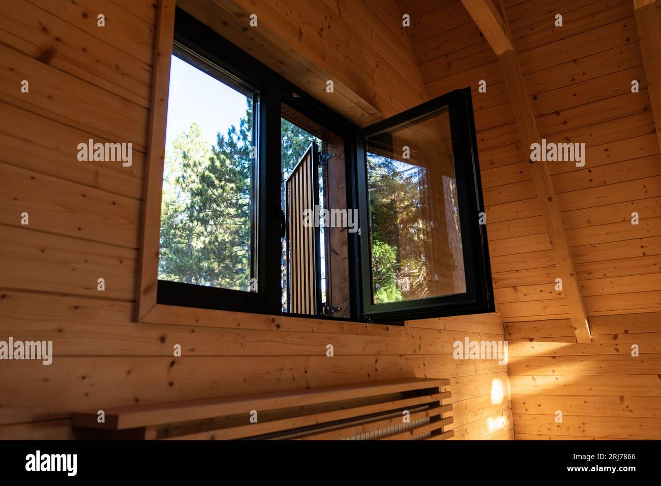Finestra in una casa in legno con vista sul verde dei pini Foto Stock