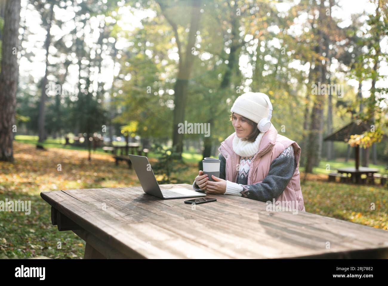 Freelance che lavora su un notebook nel parco autunnale. Foto Stock