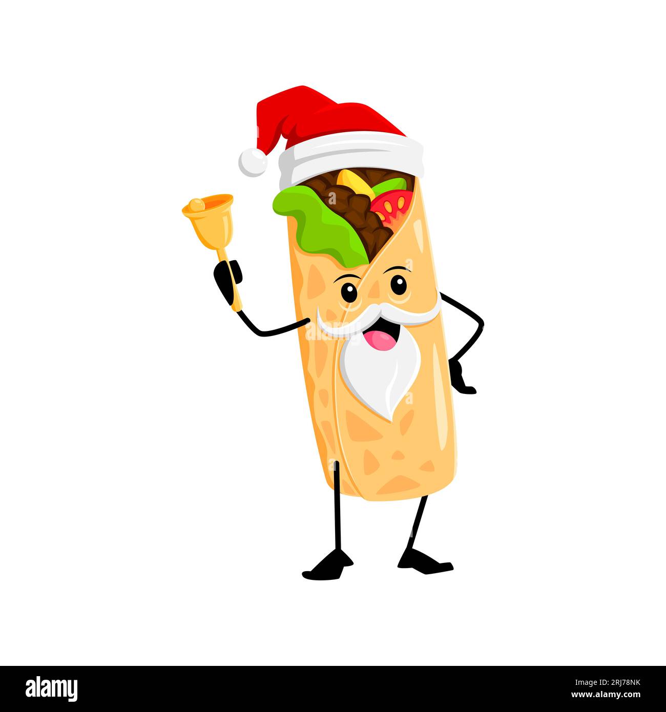 Il tipico burrito messicano di Natale indossa il cappello di Babbo natale e suona gioiosamente una campana. Il padre Noel, uno Street food vettoriale isolato, celebra l'allegria natalizia con un tocco stravagante Illustrazione Vettoriale