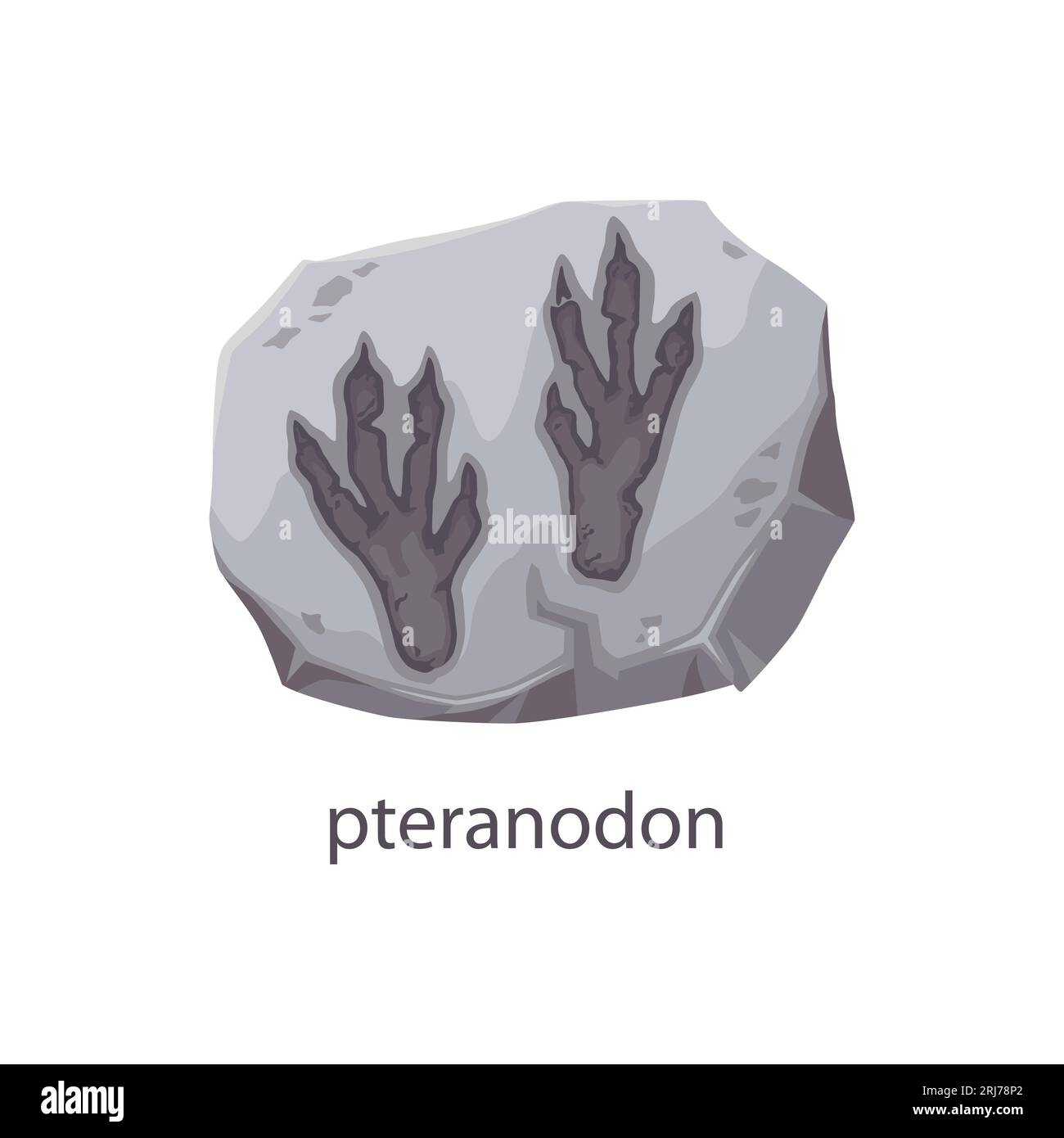 Fossile con impronta di dinosauro, pietra archeologica con silhouette a piedi di dinosauro, vettore di cartoni animati. Impronte di dinosauri Pteranodon con artigli, antica lucertola estinta o traccia di impronte di rettili in pietra di roccia fossile Illustrazione Vettoriale