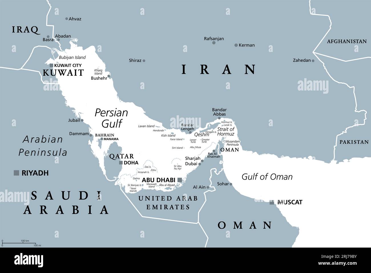 Regione del Golfo Persico, mappa politica grigia. Anche il Golfo Arabico, un Mar mediterraneo nell'Asia occidentale, situato tra l'Iran e la penisola arabica. Foto Stock