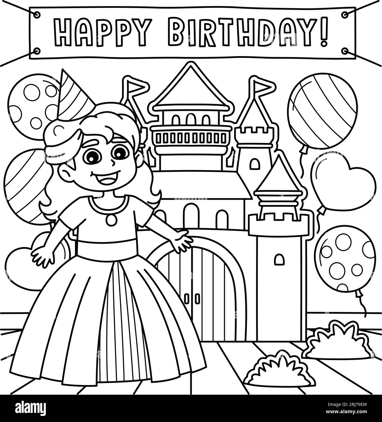 Buon compleanno Principessa colorare pagina per bambini Illustrazione Vettoriale