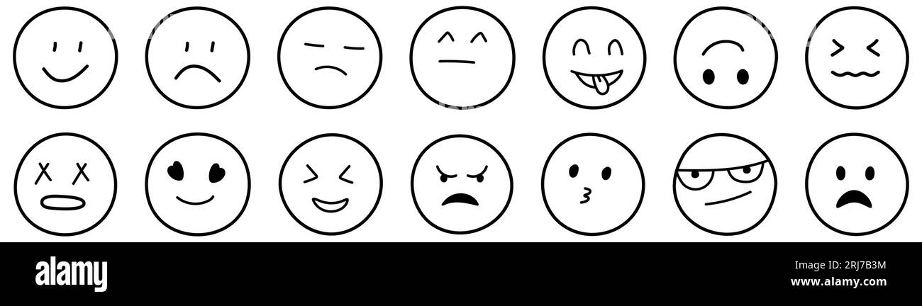 Set di emoticon disegnate a mano. Emoticon doddle. Illustrazione vettoriale isolata su sfondo bianco Illustrazione Vettoriale