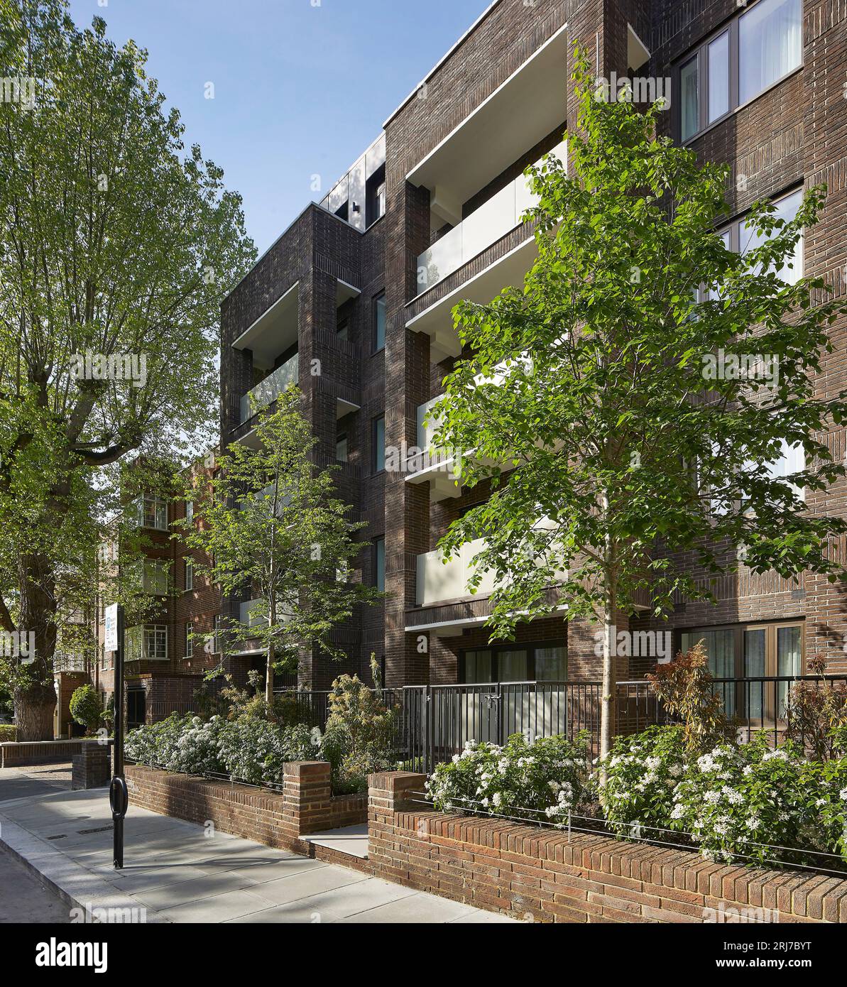 Vista obliqua delle facciate della strada nel quartiere. Wellington Road, Londra, Regno Unito. Architetto: Alan Power Architects Ltd, 2022. Foto Stock