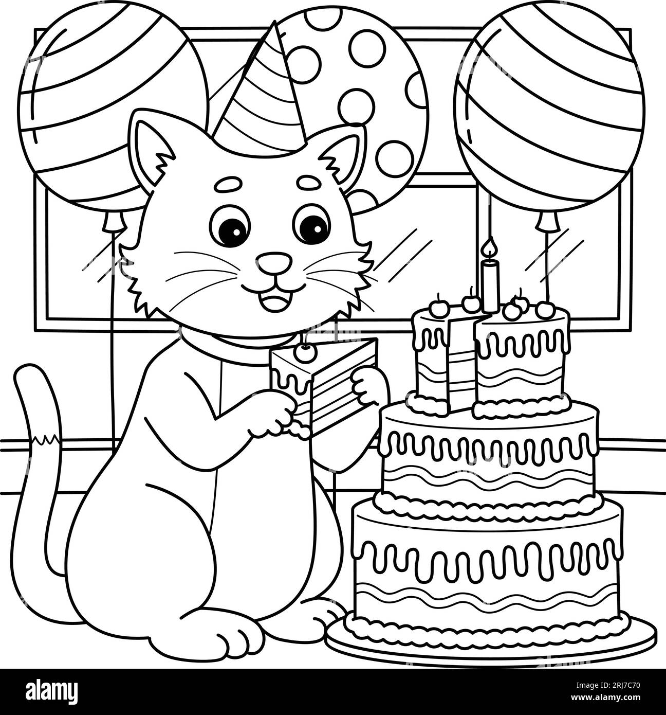Gatto con una torta di compleanno colorare pagina per bambini Illustrazione Vettoriale
