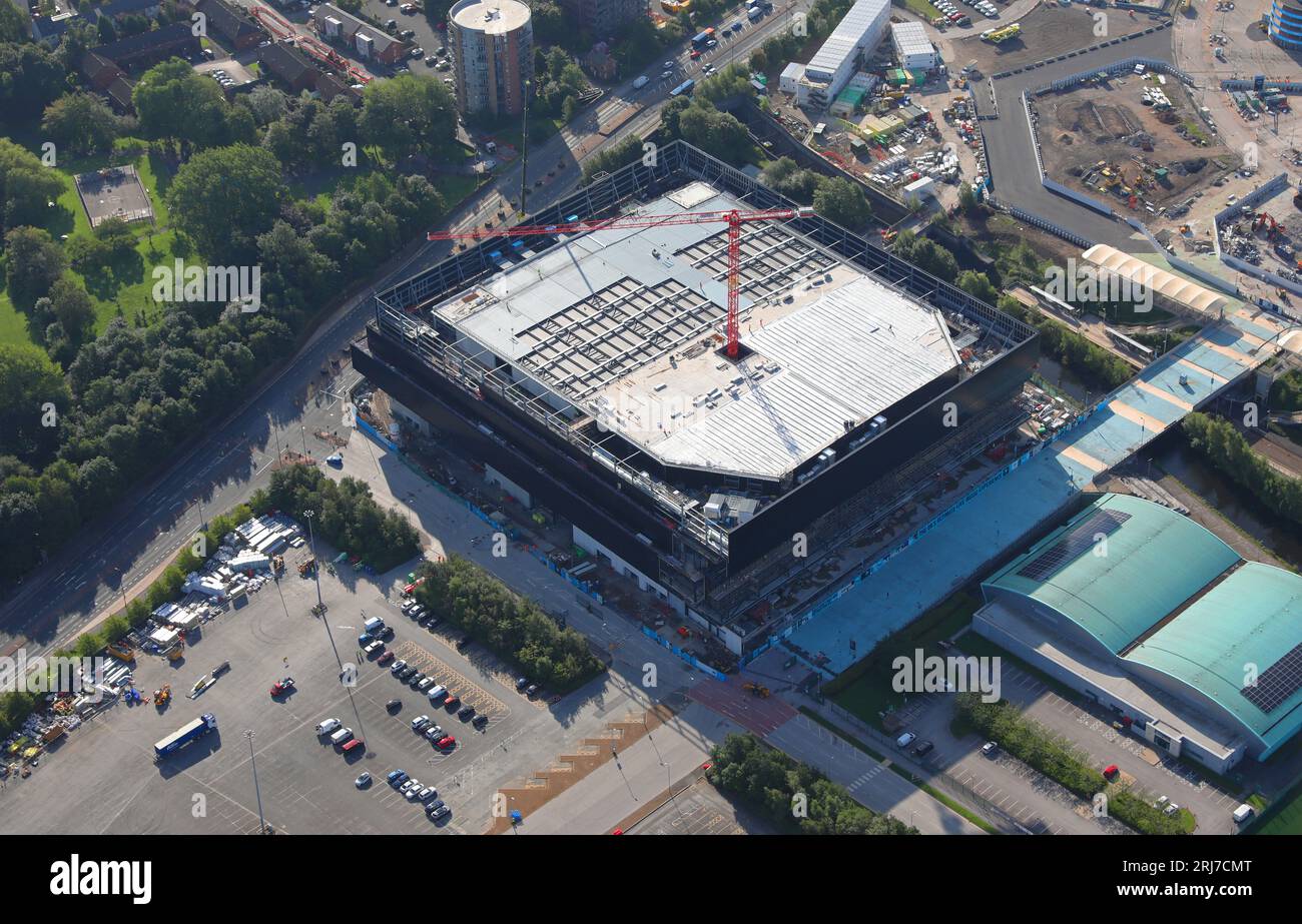 Vista aerea della Coop Live Indoor Arena in costruzione a East Manchester, vicino all'Etihad Campus Foto Stock