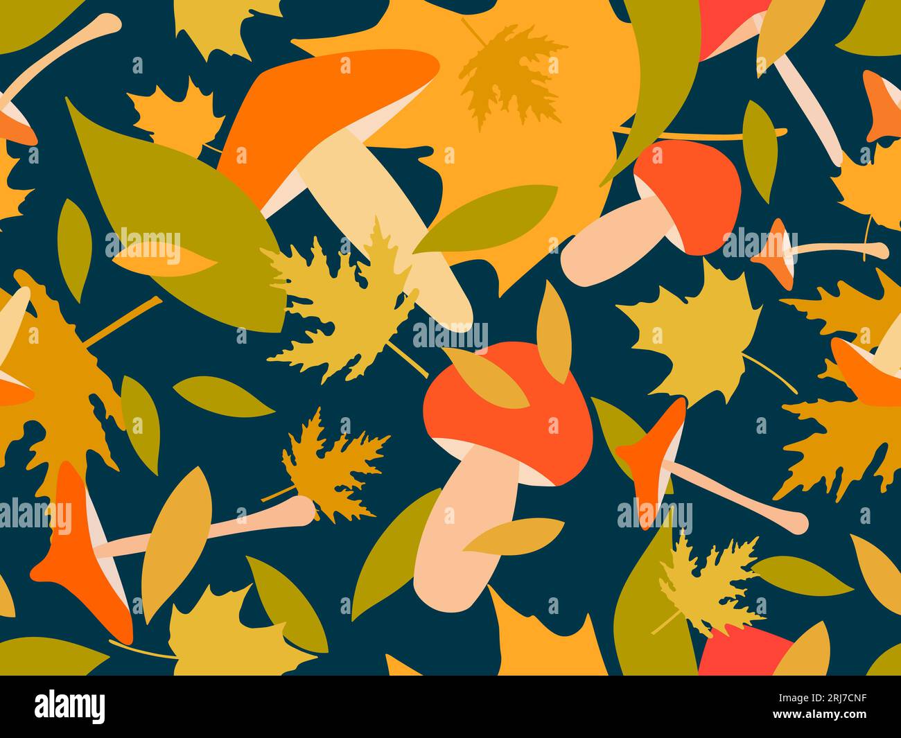 Motivo autunnale senza cuciture con foglie e funghi. Foglie, foglie di acero e quercia con funghi diversi. Design per carta da parati, stampa, tipografia A. Illustrazione Vettoriale