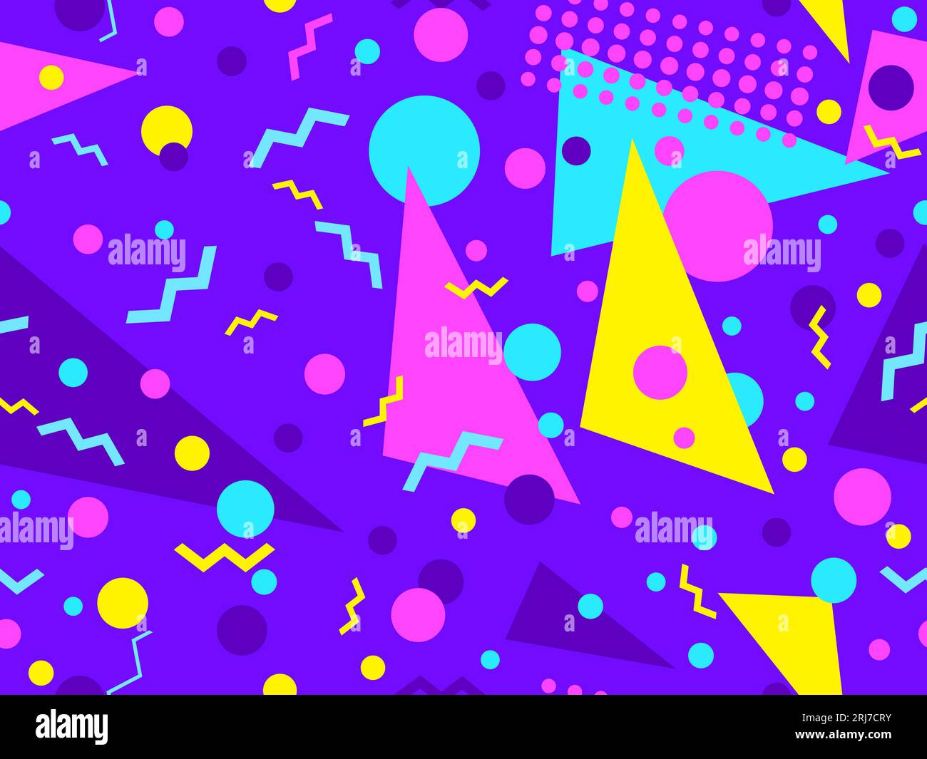 Motivo Memphis senza cuciture con forme geometriche in stile 80s e 90s. Forme geometriche di forme e colori diversi. Progettazione di prodotti promozionali, Illustrazione Vettoriale