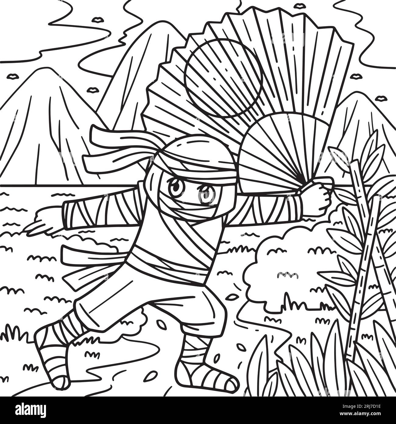 Ninja con un grande fan colorare pagina per bambini Illustrazione Vettoriale