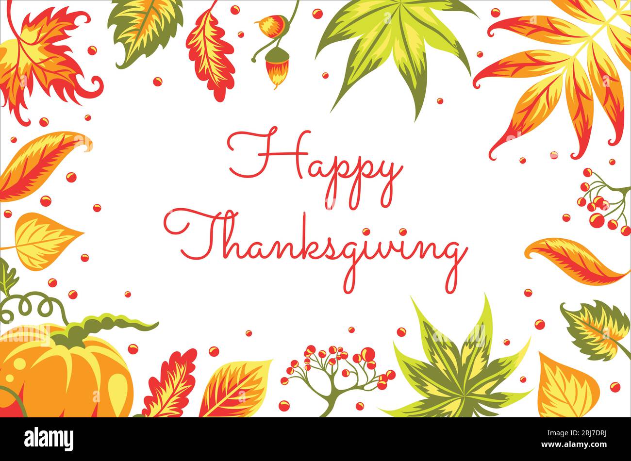 Foglie autunnali e felice messaggio di ringraziamento. Isolato su bianco. Illustrazione Vettoriale