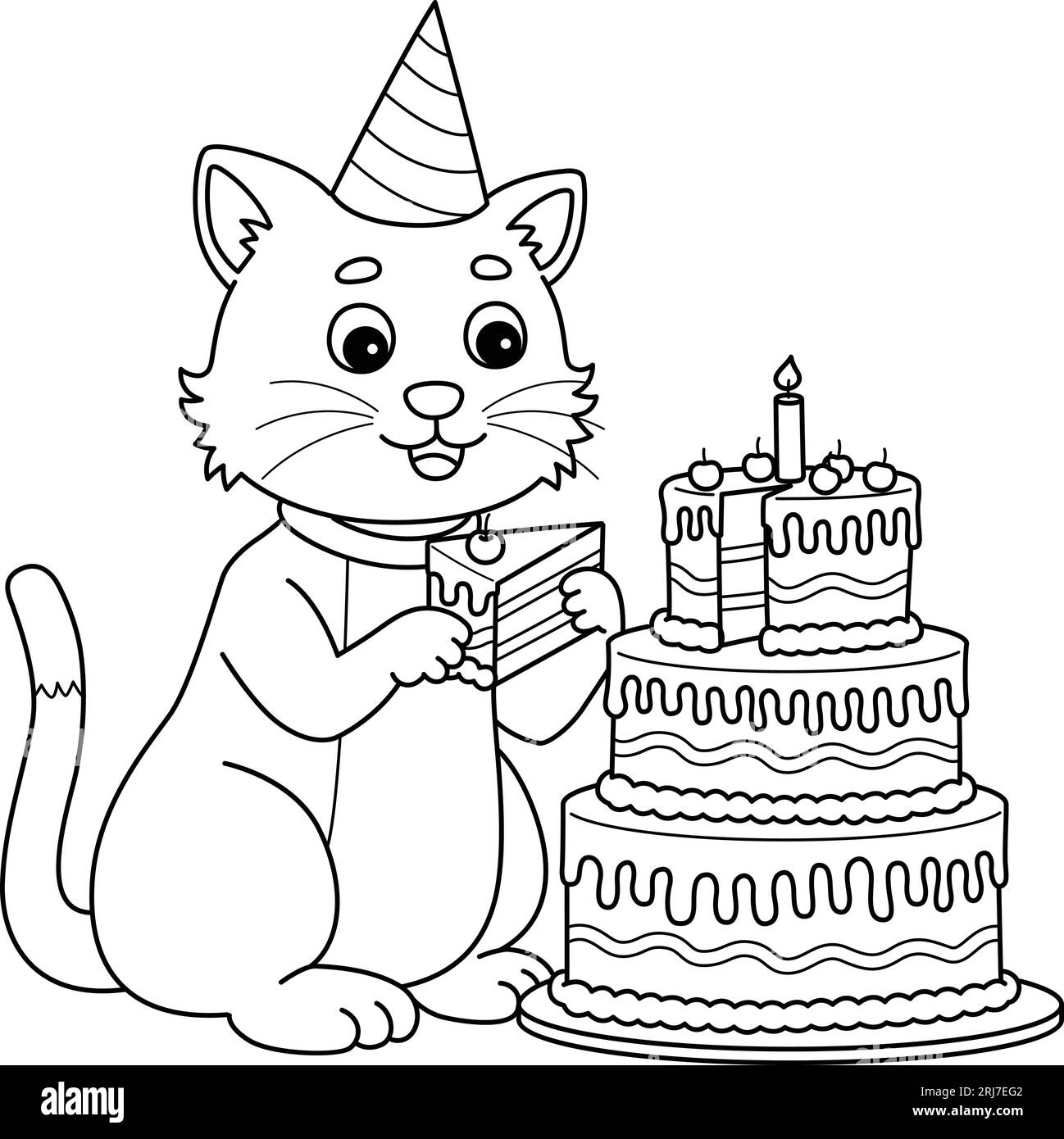 Gatto con torta di compleanno isolato colorare pagina Illustrazione Vettoriale