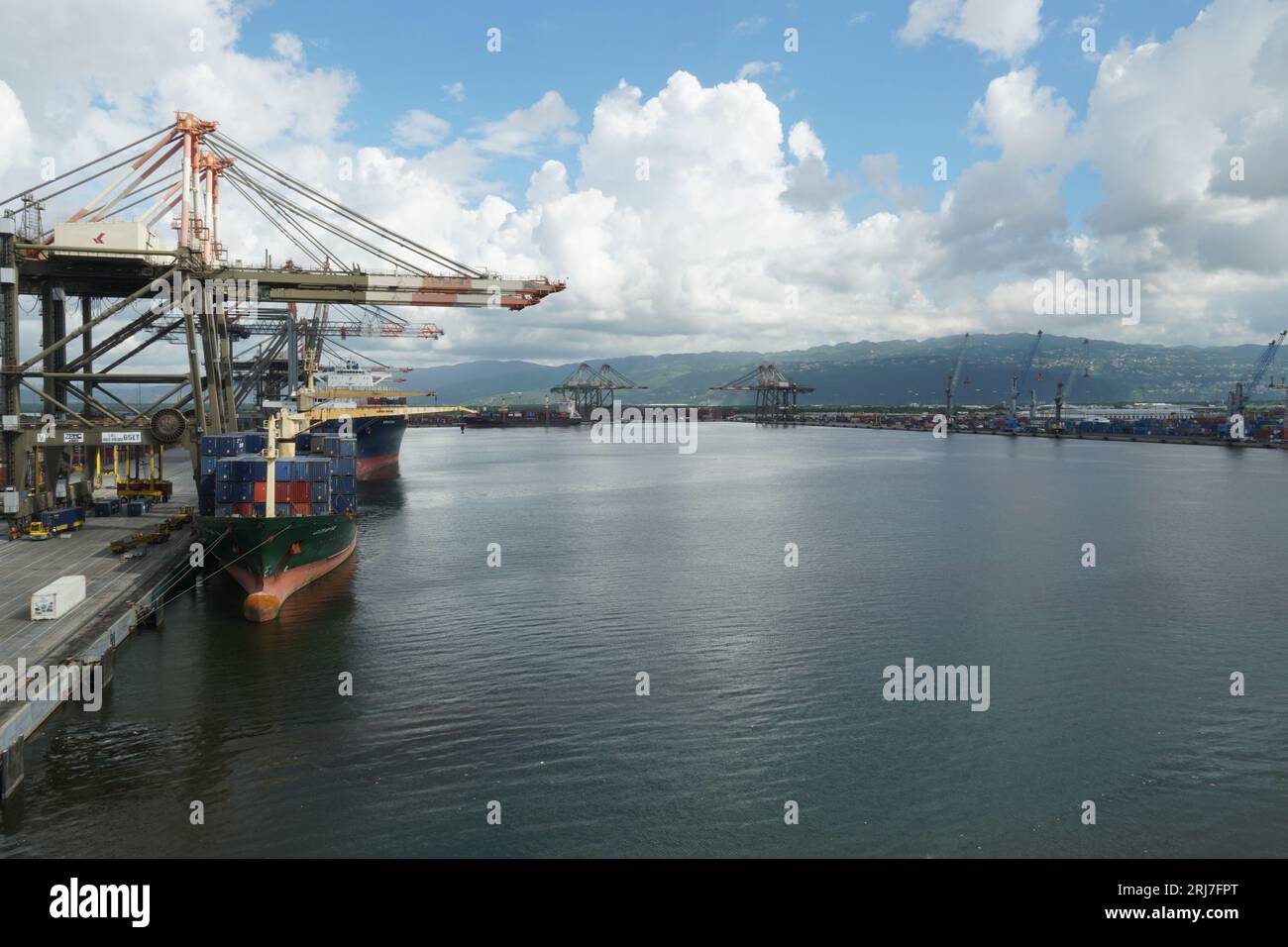 Porto di Kingston con navi container sotto gru a cavalletto gestite da stazionari durante le operazioni di carico. Foto Stock