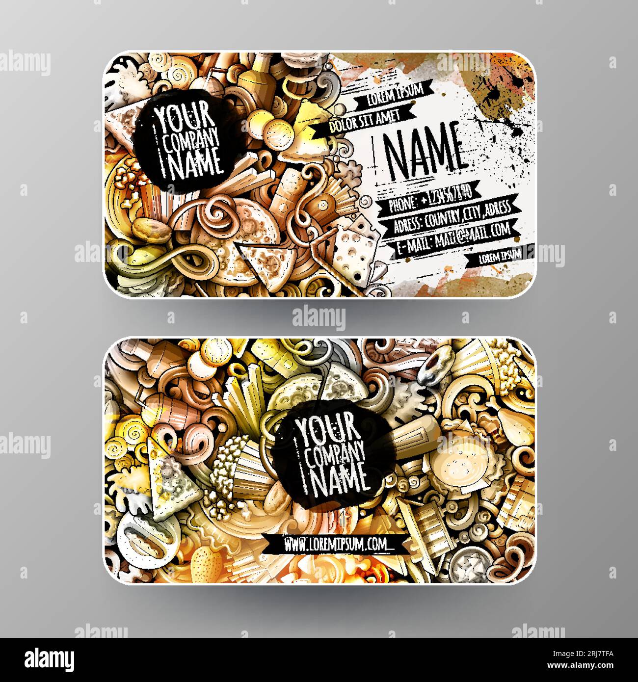 Grafica per cartoni animati acquerelli vettoriali identità aziendale Fastfood. design con 2 schede id. Set di modelli Illustrazione Vettoriale