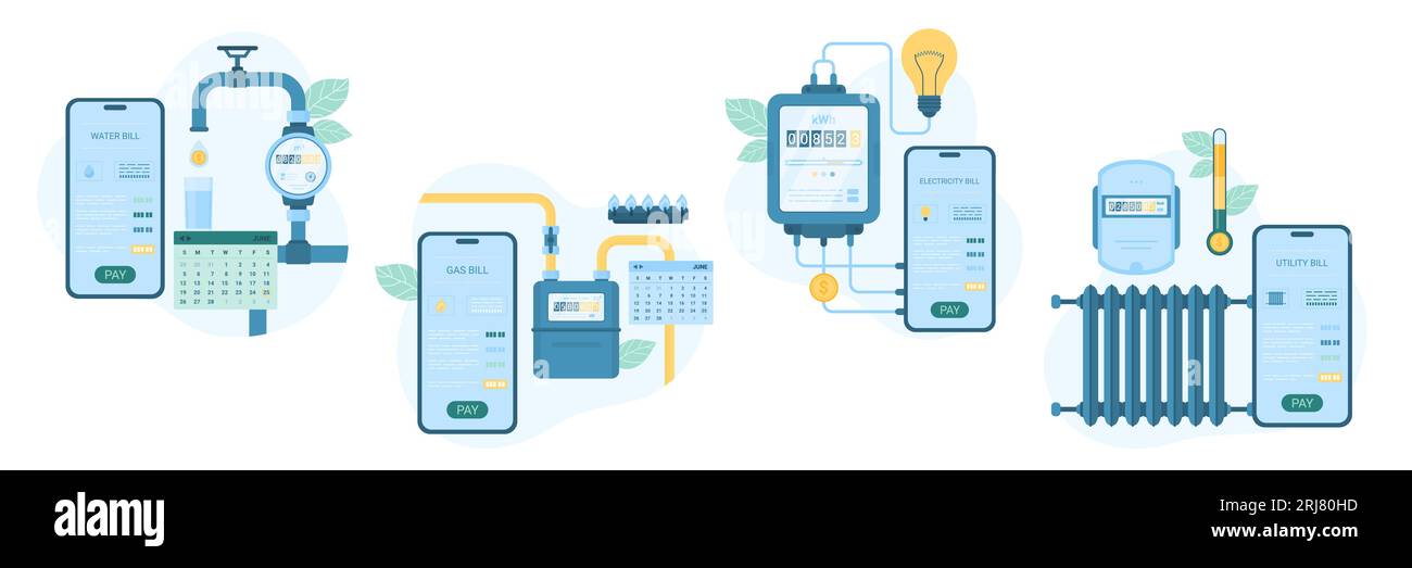 Pagamento delle bollette delle utenze nelle app mobili Imposta illustrazione vettoriale. Smartphone Cartoon con applicazioni per il monitoraggio dei consumi e il pagamento dell'acqua Illustrazione Vettoriale