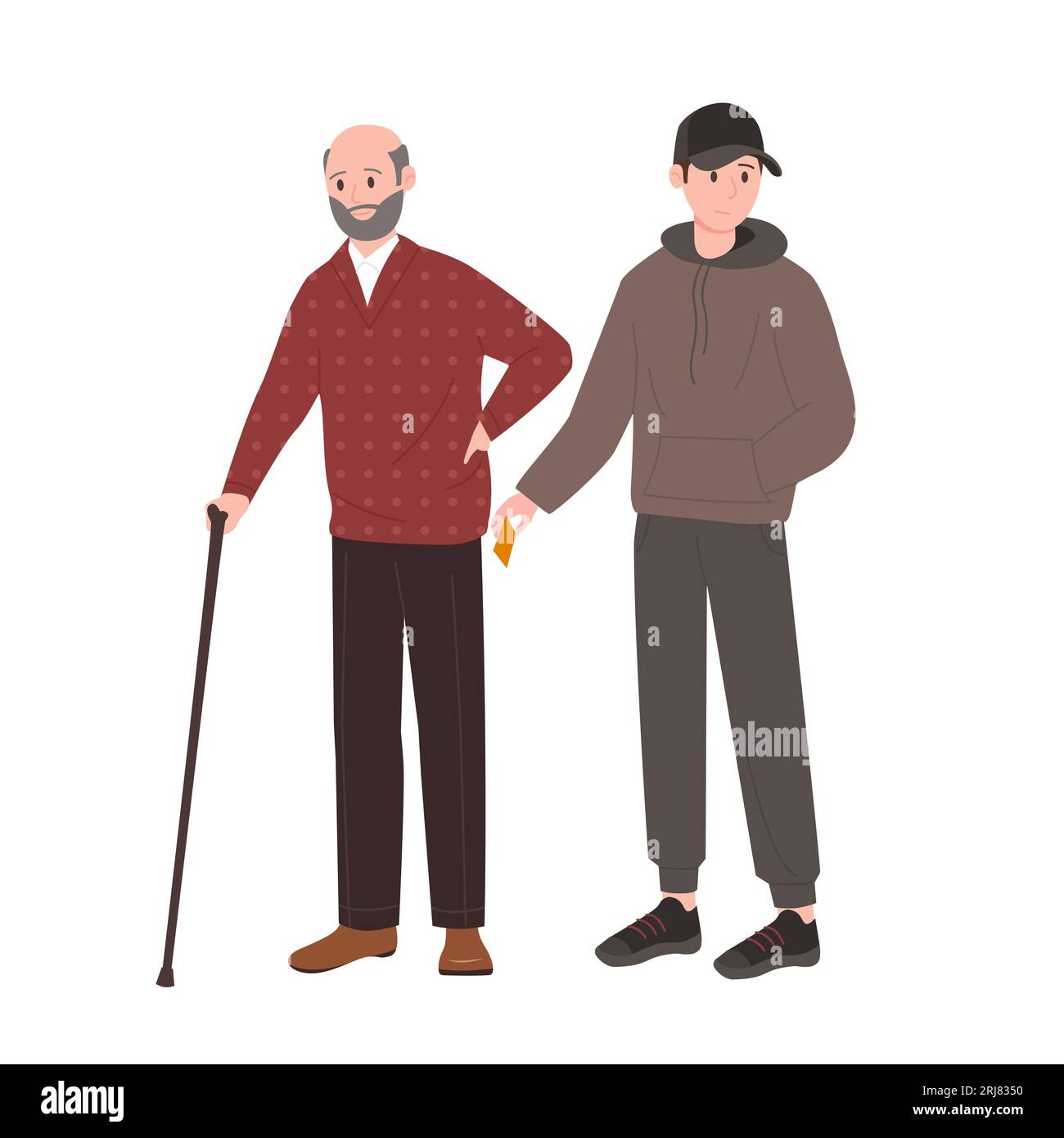 Illustrazione del vettore del furto da parte di persone anziane. Cartone animato ha isolato il giovane rapinatore maschile con felpa con cappuccio e berretto da baseball rubando carta di credito, portafoglio o telefono cellulare dalla tasca del vecchio con canna da zucchero Illustrazione Vettoriale