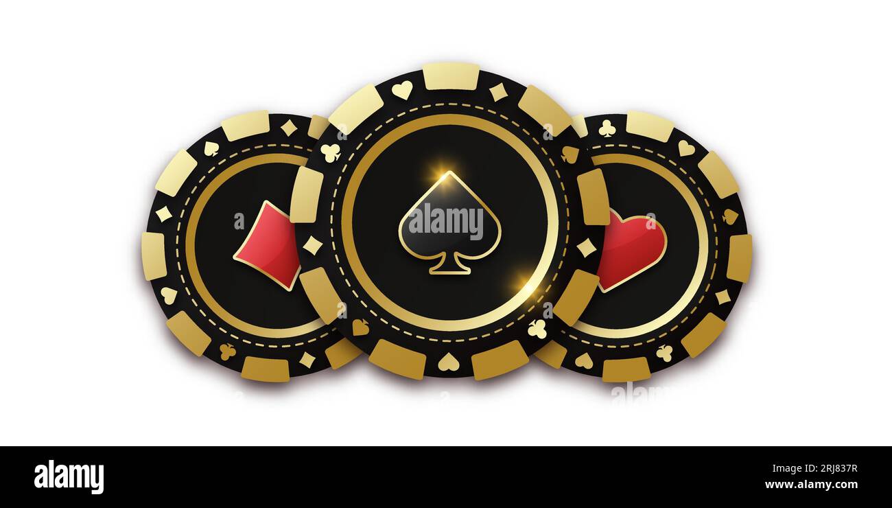 Moneta da gioco con picche di abiti. Trio di gettoni gettoni o gettoni. Chip da gioco realistico con la tuta di picche al centro, gettoni da gioco. BA Illustrazione Vettoriale