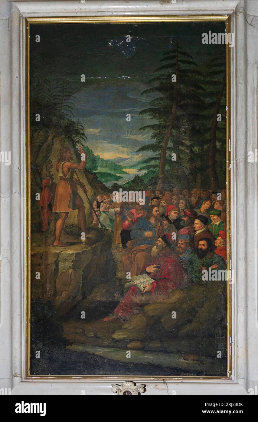 Italia Veneto Mel - Chiesa di Santa Maria Annunziata (XVIII secolo)- Cesare Vecellio - San Giovanni Battista che predica lungo il fiume Giordano Foto Stock