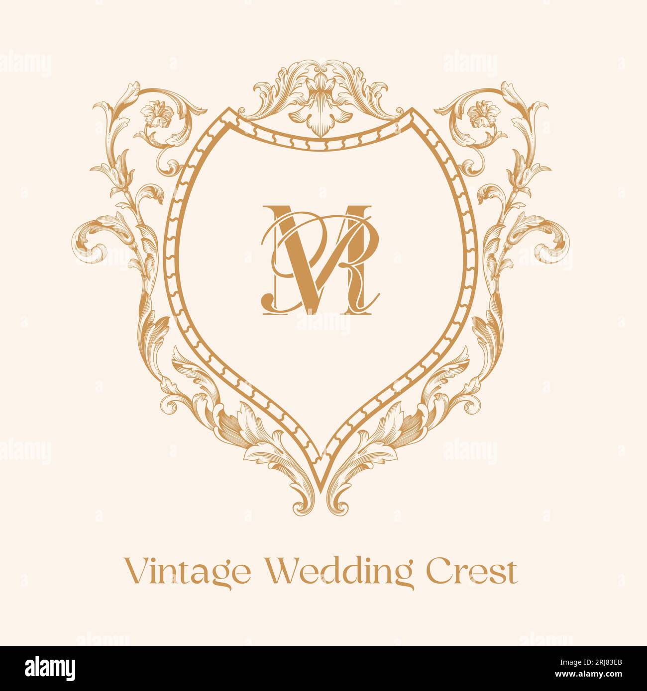 Design iniziale dello stemma nuziale in stile barocco del SIGNOR RM. Stemma nuziale vintage con scudo e illustrazione vettoriale floreale. Illustrazione Vettoriale