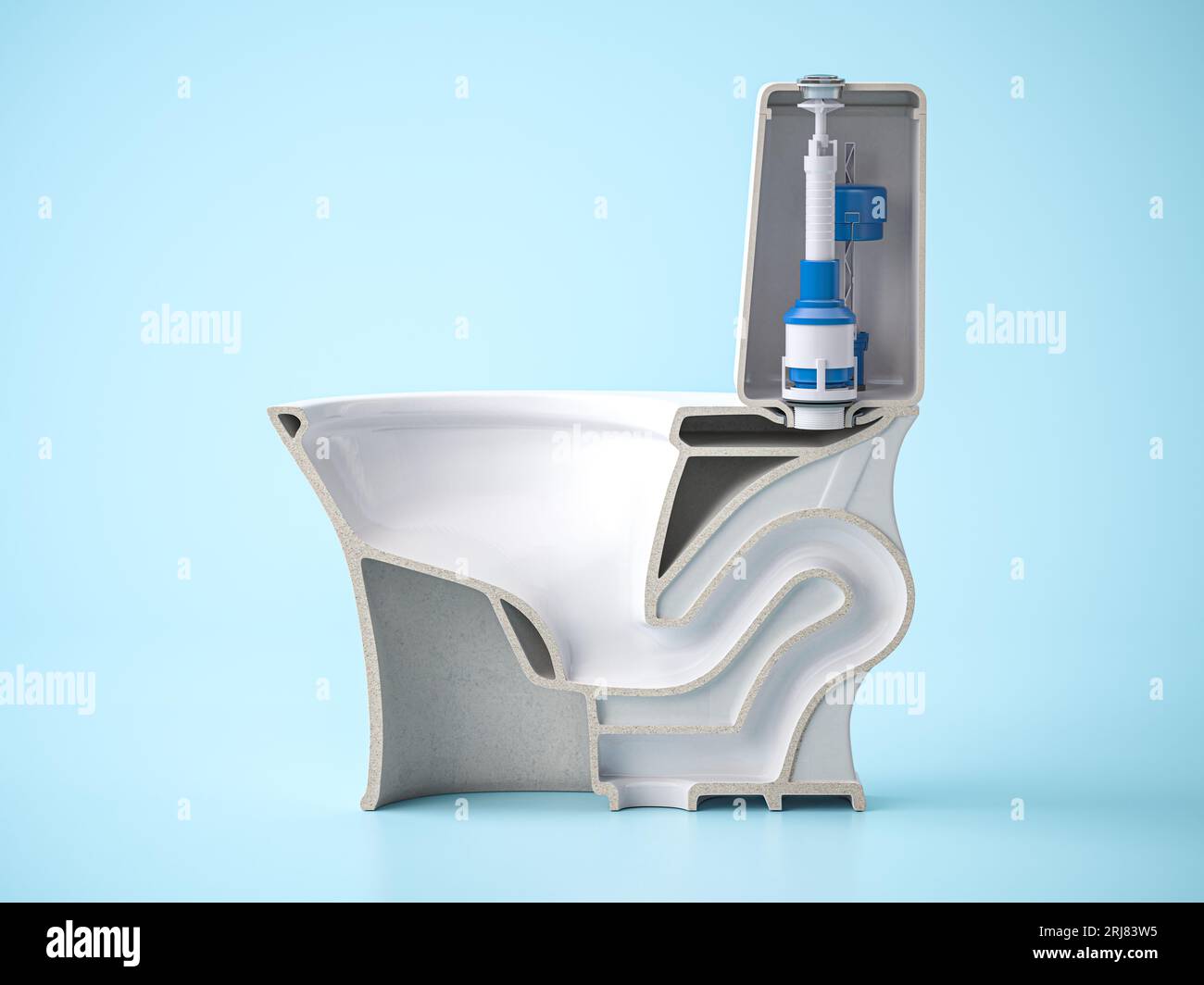 Sezione trasversale della vaschetta del WC. Struttura della ciotola e del serbatoio della toilette. illustrazione 3d. Foto Stock