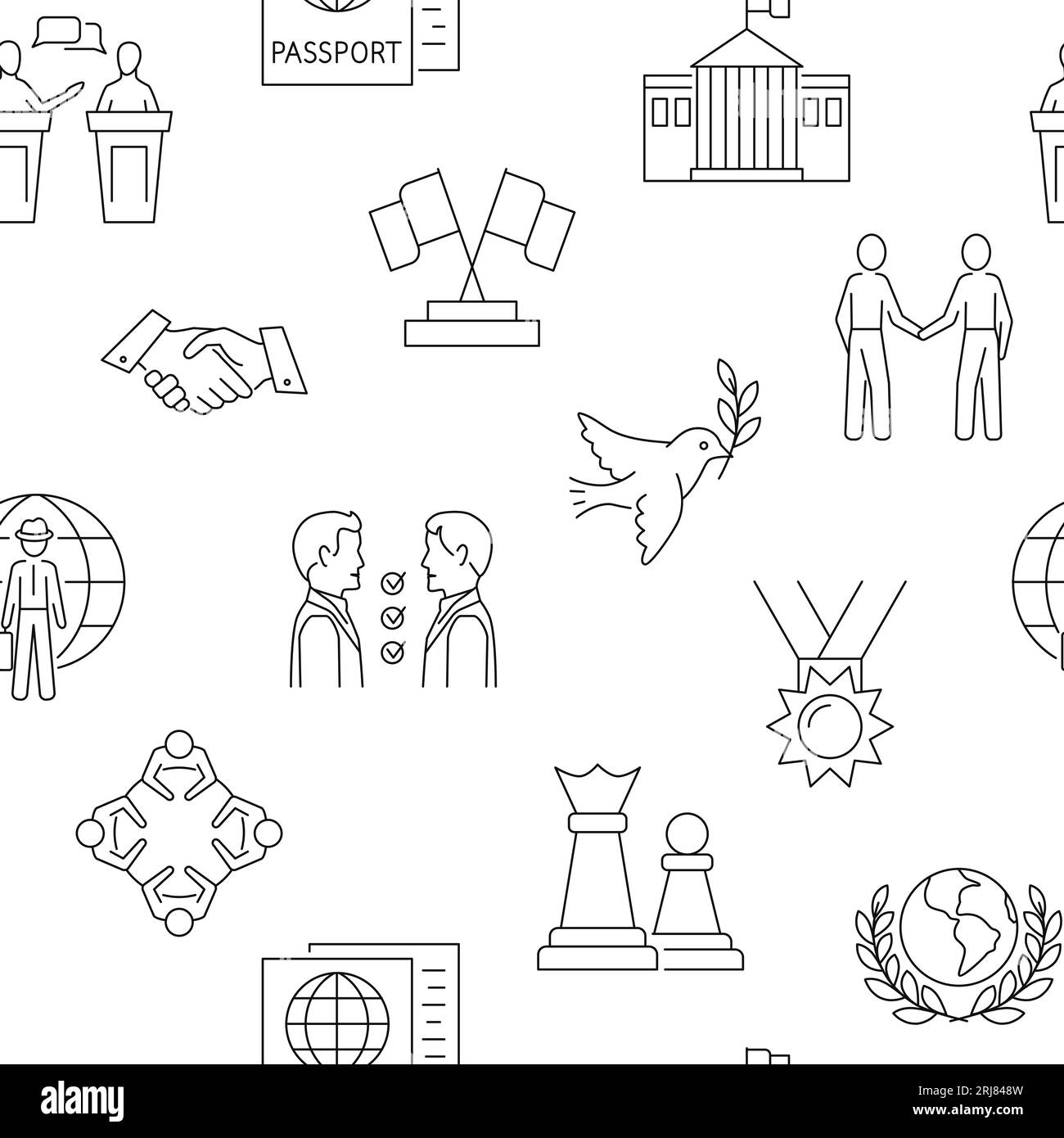 Modello diplomatico senza cuciture in linea. Simboli della comunicazione diplomatica e delle relazioni politiche. Illustrazione vettoriale. Illustrazione Vettoriale