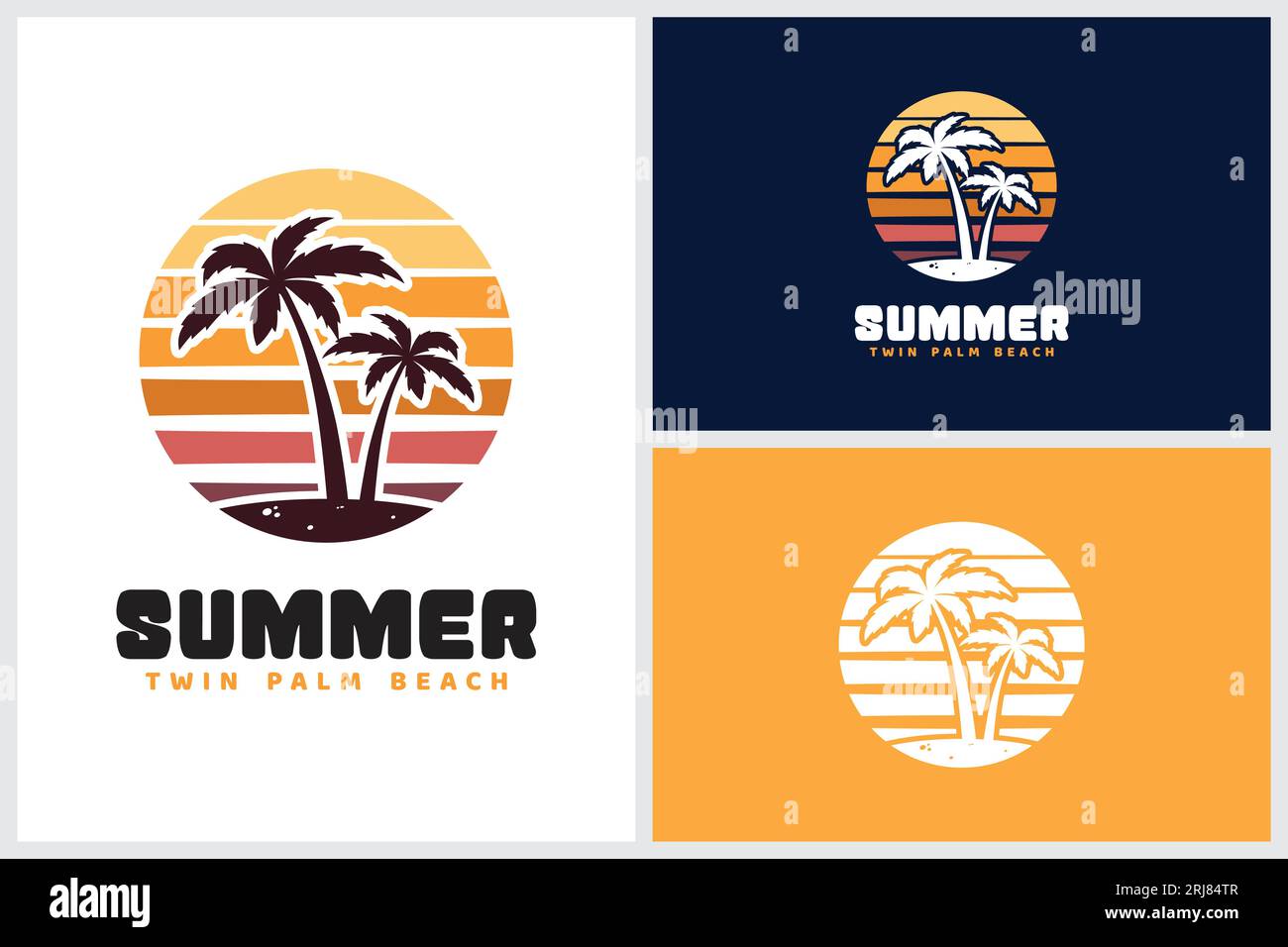 Sunset Beach con Twin Palm for Summer Surf Vacation, logo ispirato al design Illustrazione Vettoriale