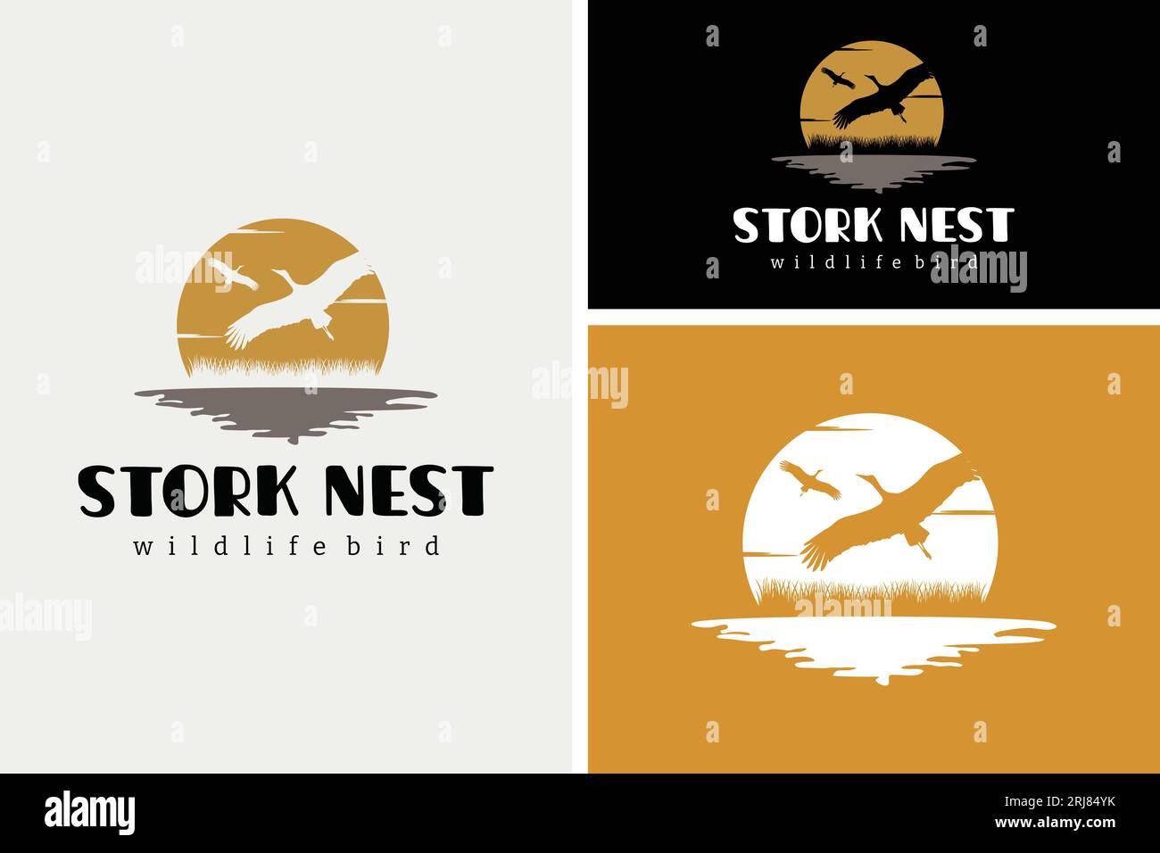 Stork Heron che vola al tramonto sopra il lago River Creek con il logo della fauna selvatica Illustrazione Vettoriale