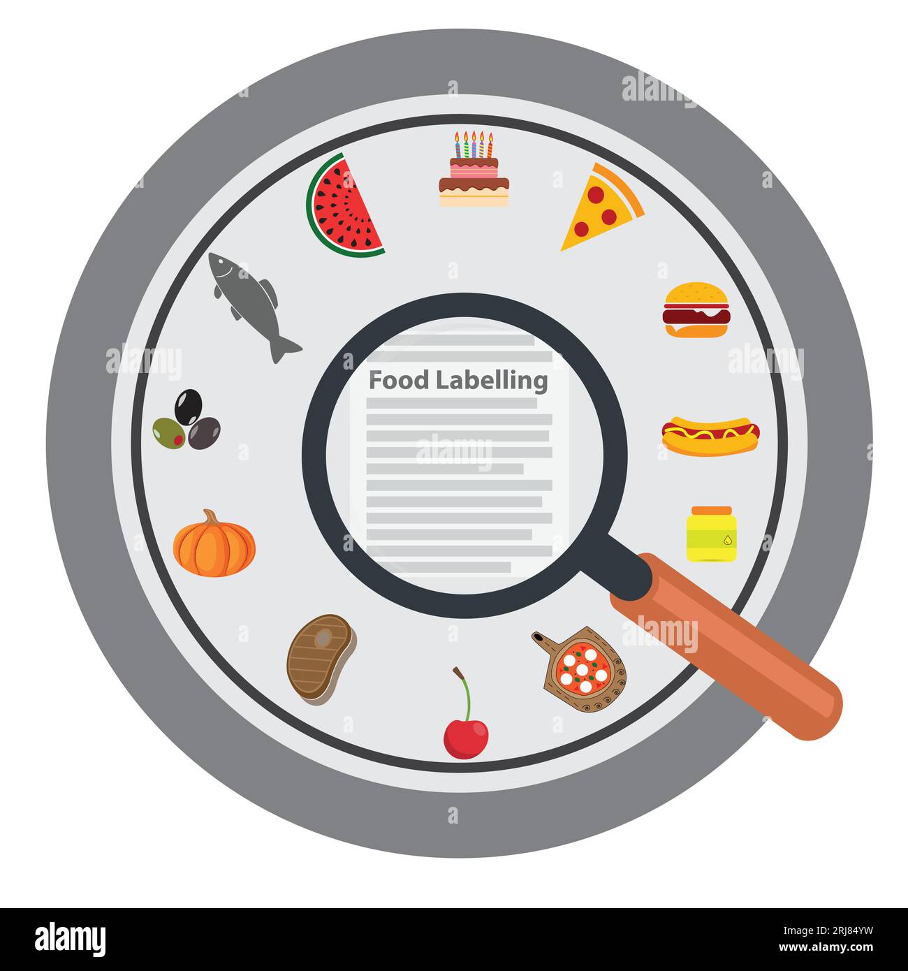 Lente d'ingrandimento su un'etichetta, concetto di etichettatura degli alimenti Illustrazione Vettoriale