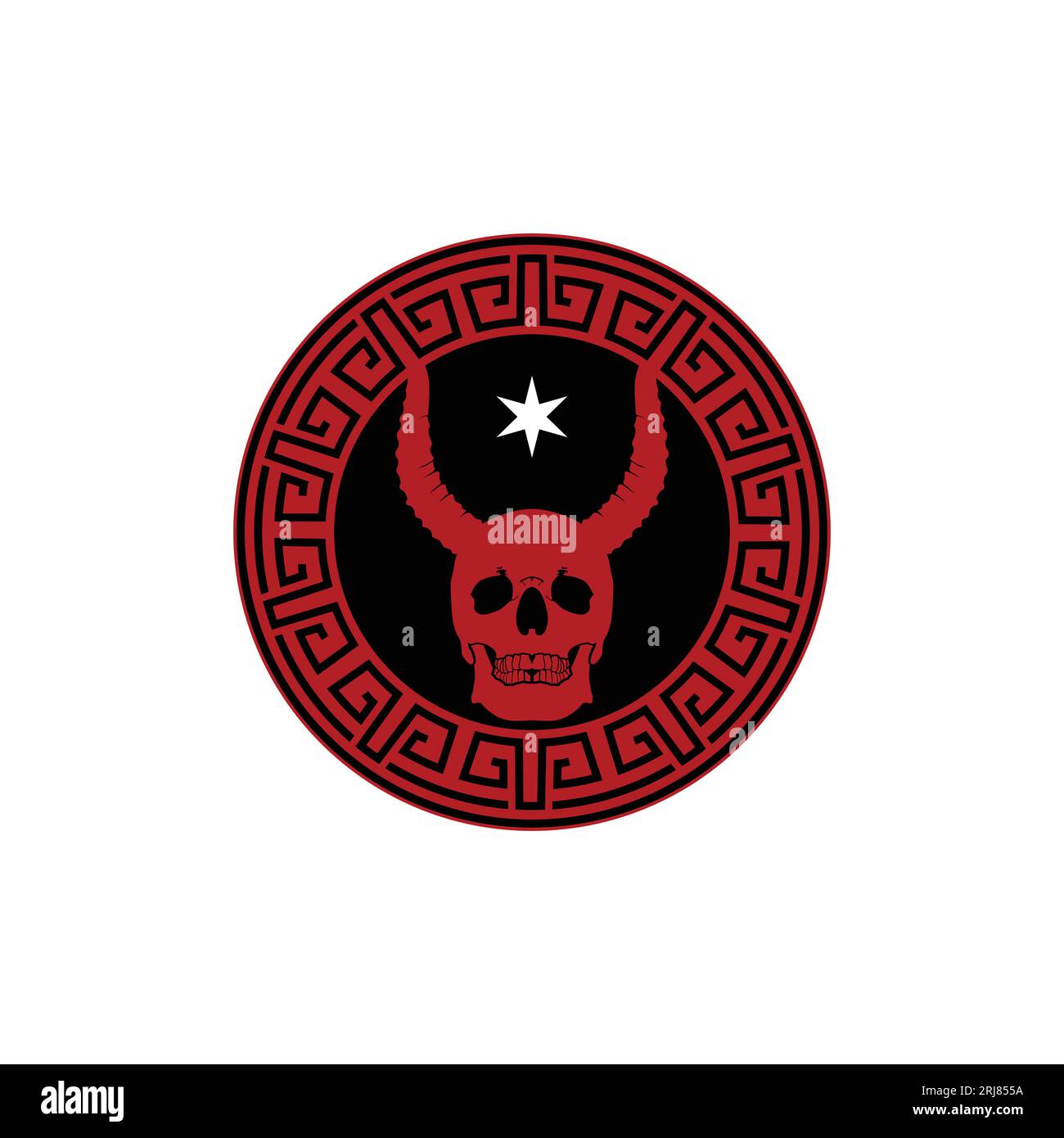 Medaglione con stemma in mascotte con motivo cinese con stemma del demonio Skull Devil Demon Satan Illustrazione Vettoriale