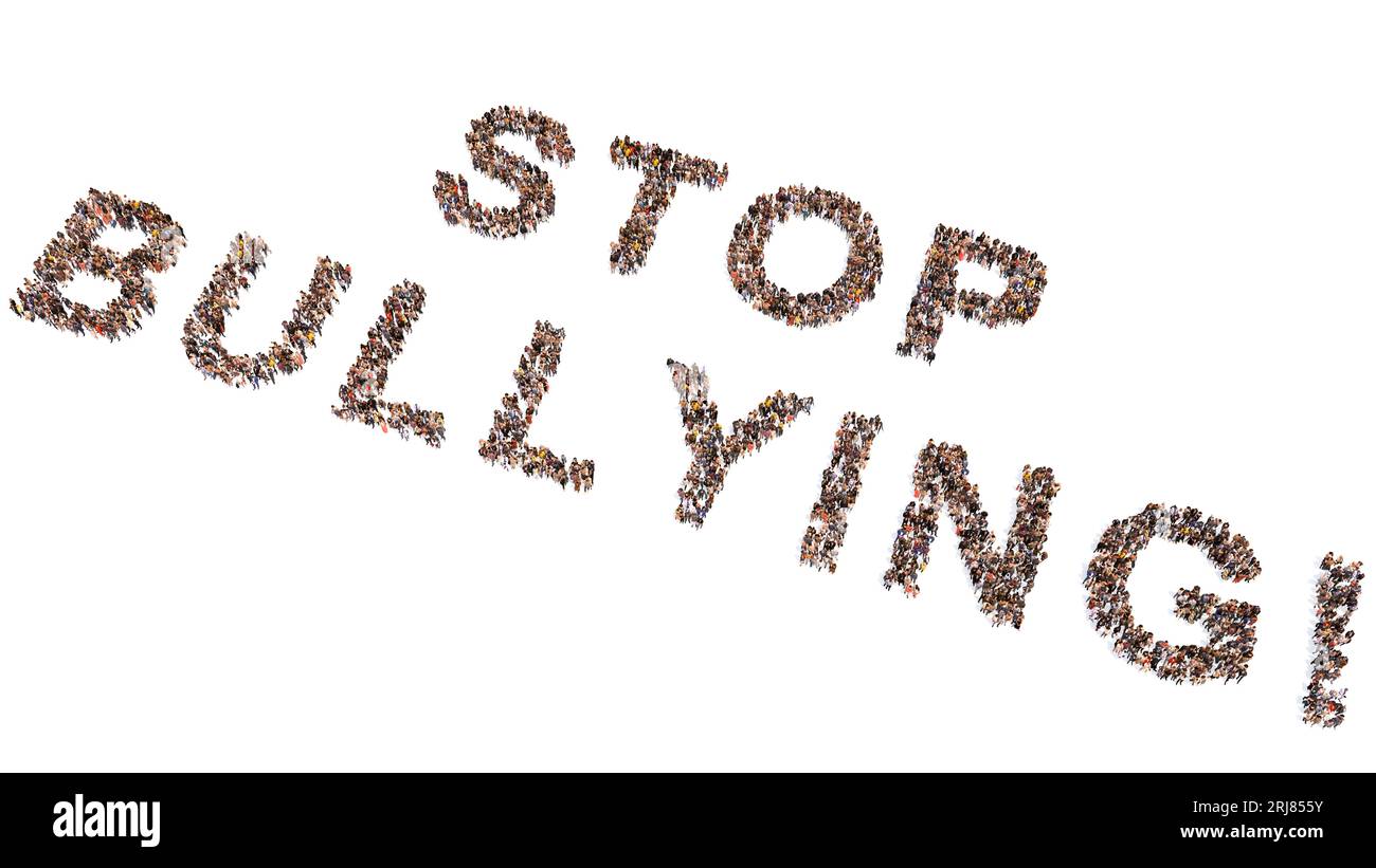 Grande comunità concettuale di persone che formano la STOP BULLYING! messaggio. illustrazione 3d metafora di violenza fisica e verbale, molestie Foto Stock