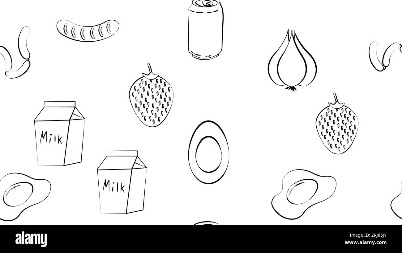 Bianco e nero senza interruzioni modello di cibo e snack icone set per bar ristorante caffè: Salsicce, soda, salsiccia, uova, aglio, latte, fragola Illustrazione Vettoriale