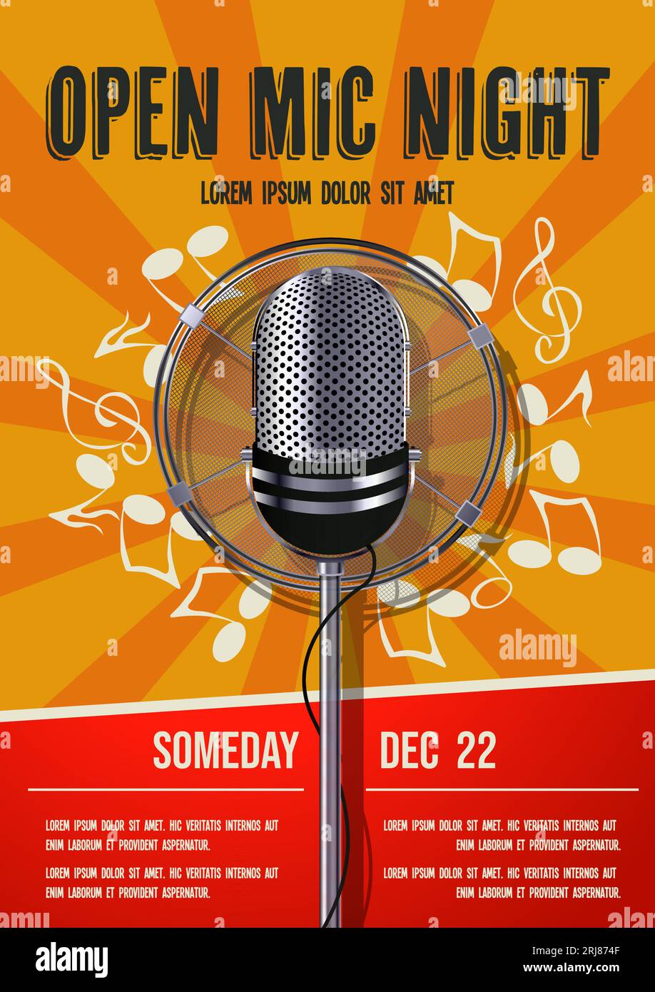 Karaoke, volantino con microfono, poster. Modello vettoriale modificabile Illustrazione Vettoriale