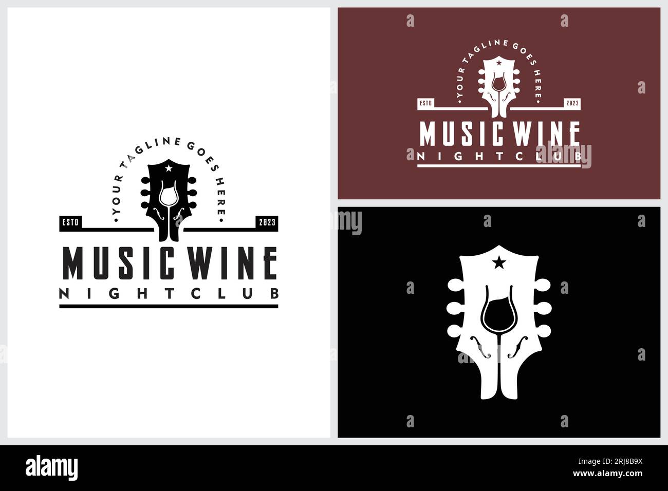 Concerto di musica dal vivo per chitarra con bicchiere di vino per Bar Cafe Restaurant Nightclub con logo Vintage Label Illustrazione Vettoriale
