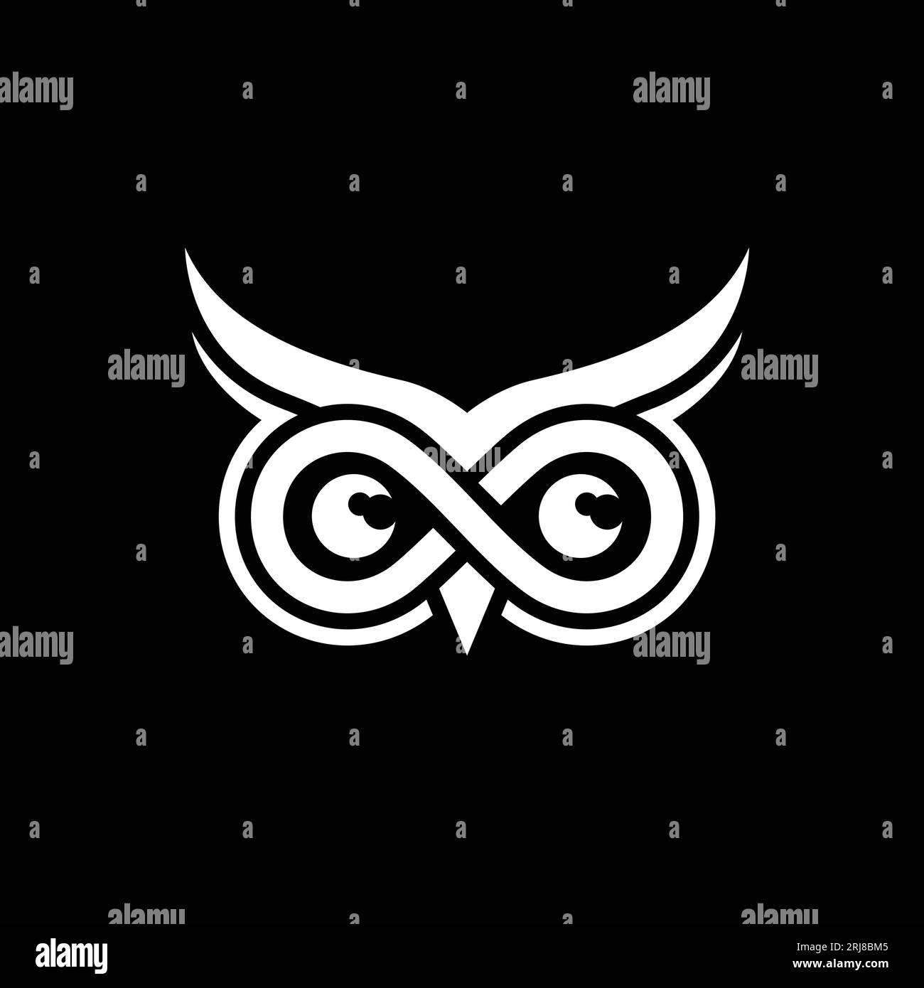 Logo Simple Owl Eyes Infinity su sfondo nero Illustrazione Vettoriale